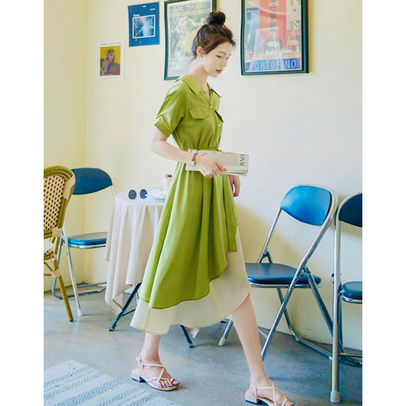 Đầm sơ mi xanh bơ phối trắng túi hộp 2 màu