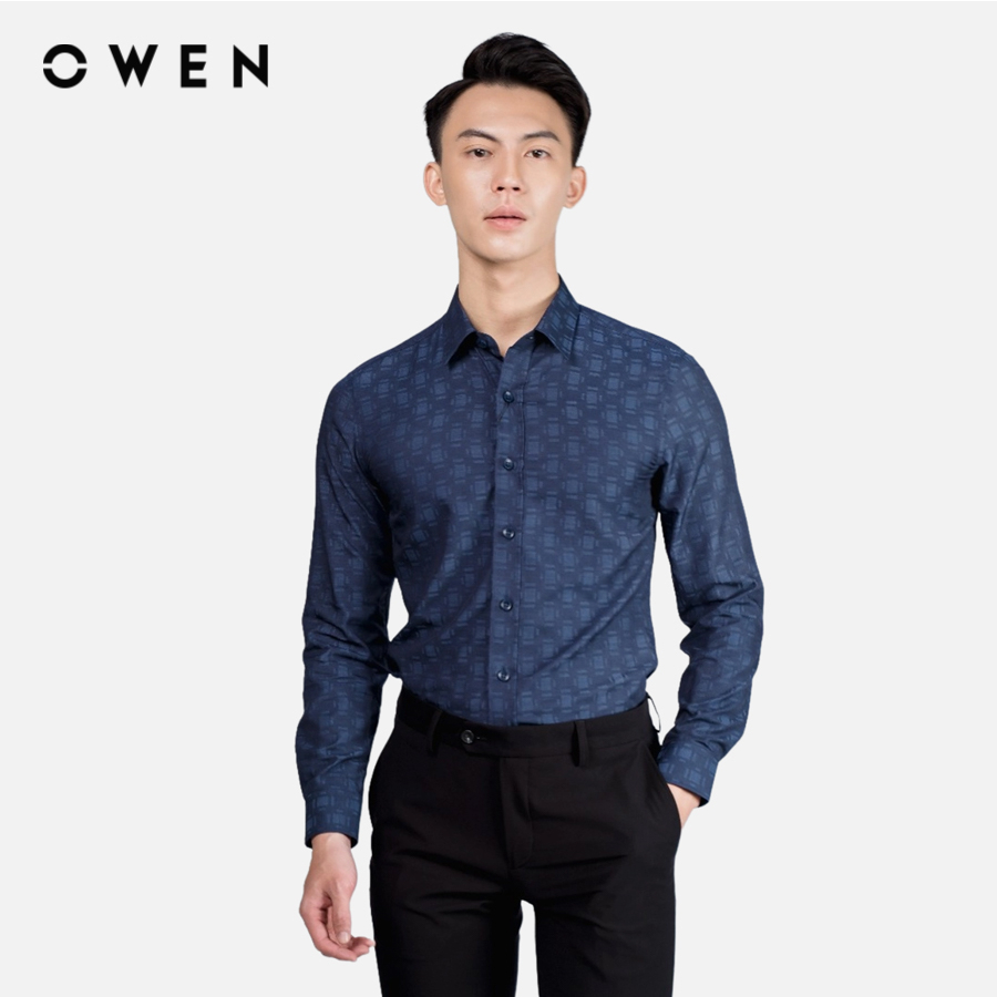 OWEN - Áo sơ mi dài tay Slim Fit màu Navy chất liệu Bamboo-Microfiber - AS23369D