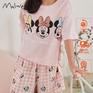 Bộ cotton hồng Mickey quần kẻ Malwee thời trang trẻ em từ 2-7 tuôi MW8369