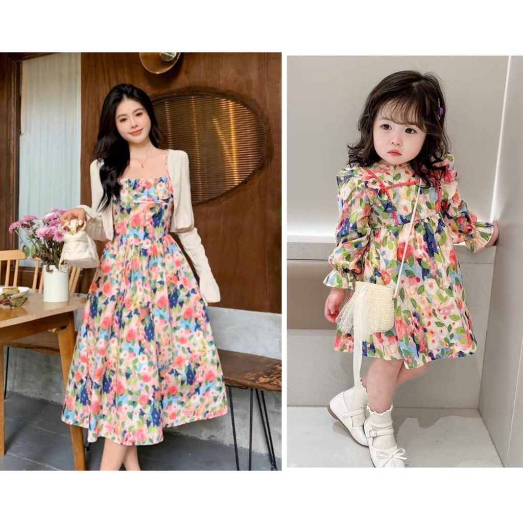 Set đầm hoa mẹ bé thu đông full size 10 - 65kg