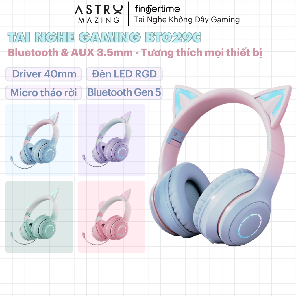 Tai nghe gaming không dây tai mèo BT029C Bluetooth by AstroMazing hỗ trợ mọi thiết bị máy tính điện thoại, iPad, Macbook