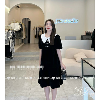 Váy nhung cổ lượn nơ đá sm