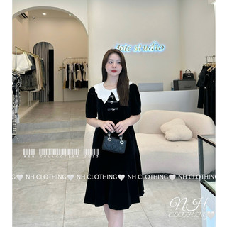 Váy nhung cổ lượn nơ đá sm