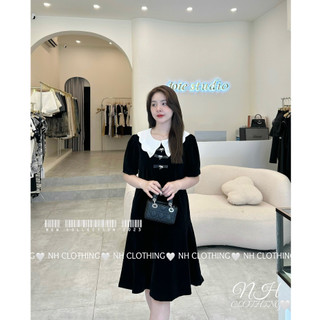 Váy nhung cổ lượn nơ đá sm