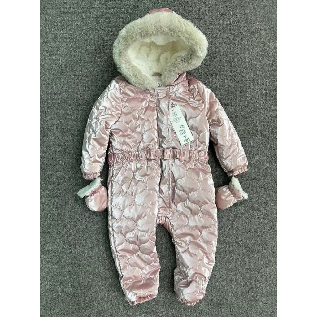 BODY phao màu hồng ánh nhũ nón viền lông dành cho bé gái