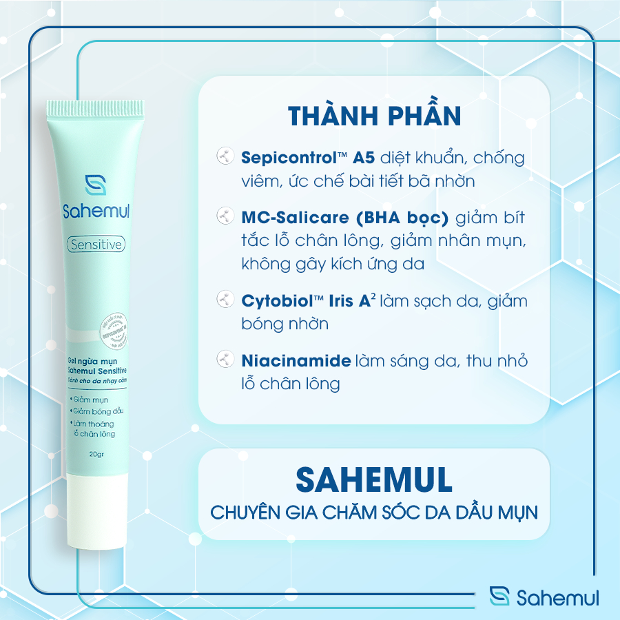 Gel Mụn Sahemul Dùng Cho Mụn Viêm, Mụn Ẩn, Mụn Đầu Đen, Phù Hợp Cho Da Nhạy Cảm 20gr