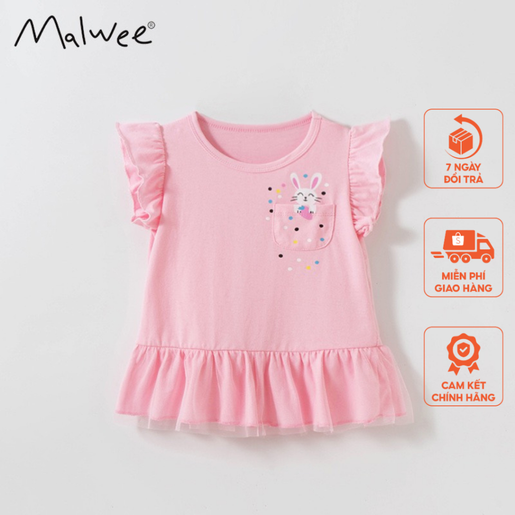 Áo cotton hồng túi thỏ gấu ren Malwee thời trang trẻ em từ 2-7 tuôi MW52371