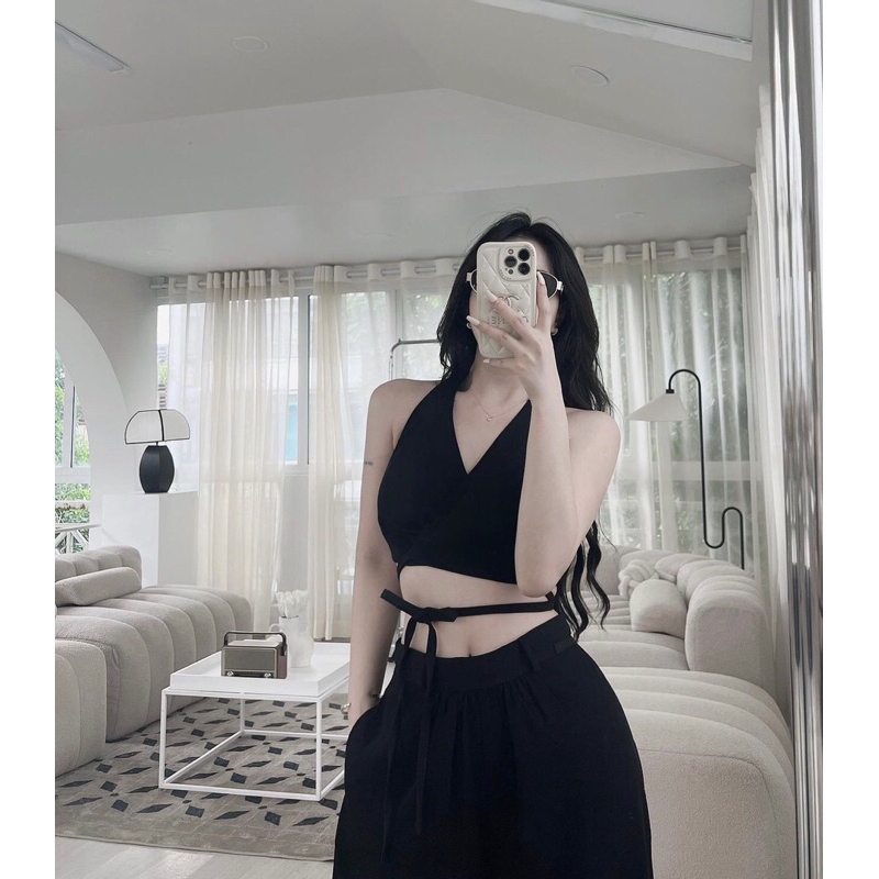 SET CROP CỔ YẾM CỘT DÂY EO QUẦN SUÔNG