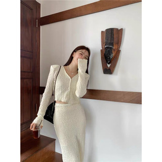 Set Vải Nhăn Áo Cadigan Chân Váy Dài Mùa Thu - Hannie Store