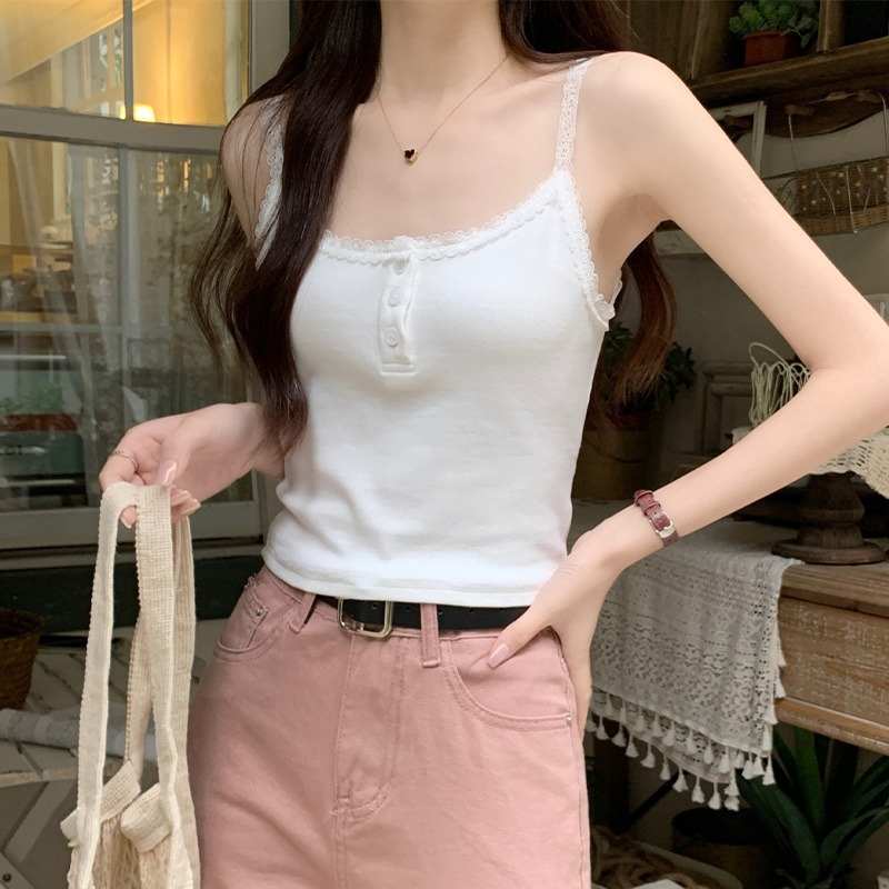 Áo 2 Dây Nữ Len Ren Phối Khuy Nhỏ Siêu Nữ Tính AO004