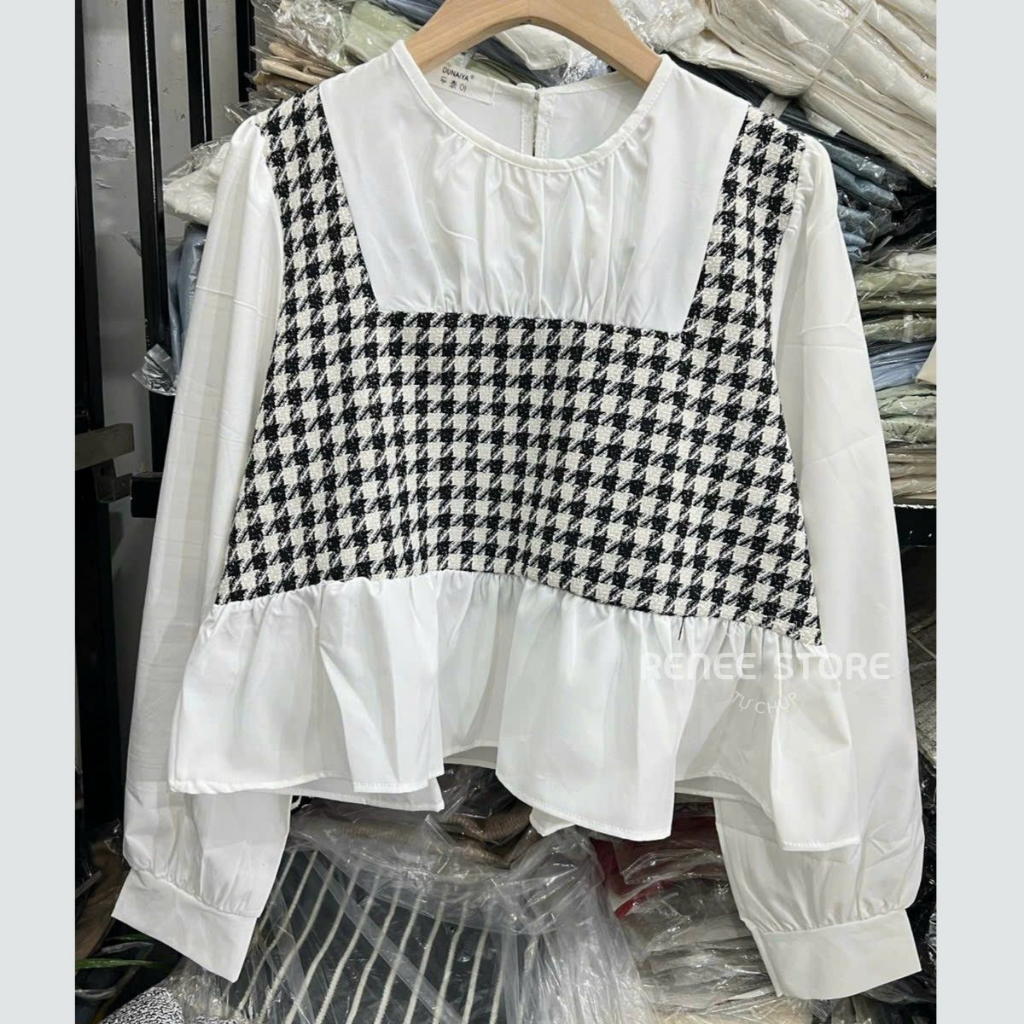 Áo babydoll nữ tay dài, áo sơ mi dáng lửng pha dạ kẻ caro - AS15