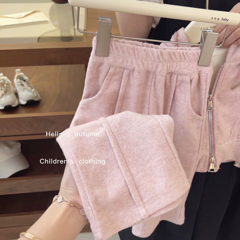 Sét áo khoác hoodie khoá kéo kèm quần nỉ thu đông cho bé gái 2-10 tuổi