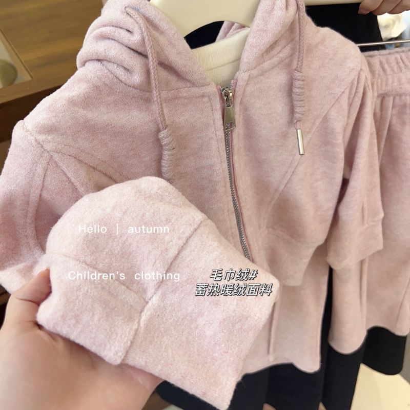 Sét áo khoác hoodie khoá kéo kèm quần nỉ thu đông cho bé gái 2-10 tuổi