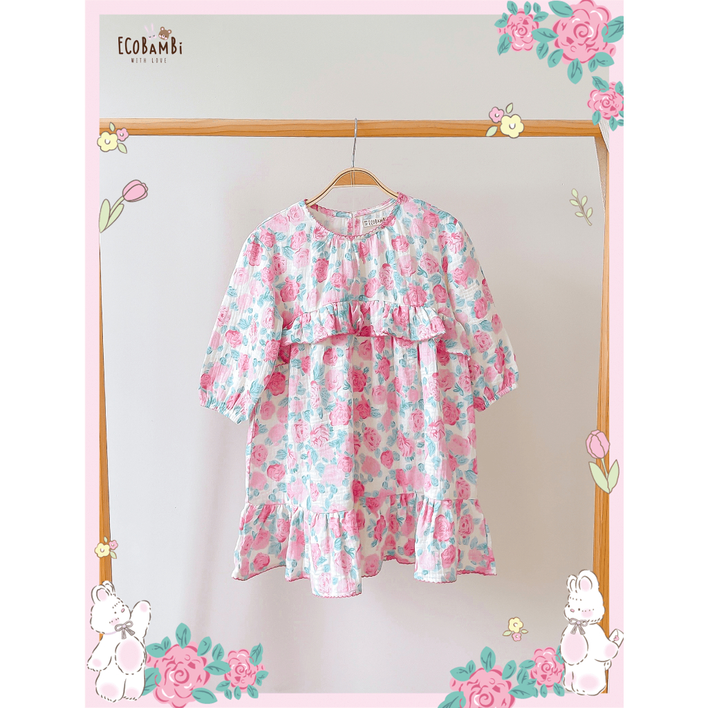 Đầm xoè xô Muslin tay dài - 2 tầng bèo hoạ tiết hoa đậm chất phong cách vintage bé gái - BB-23DAMBG040