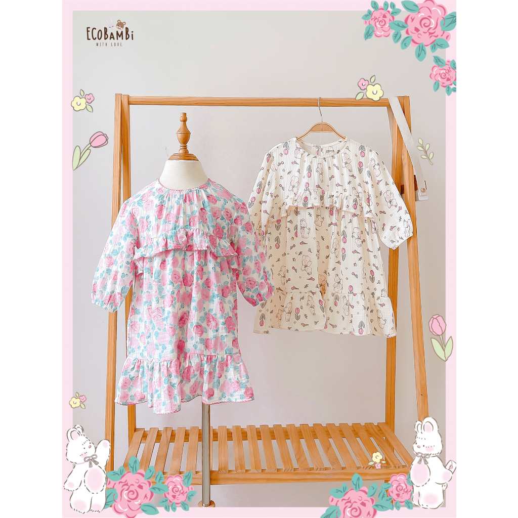 Đầm xoè xô Muslin tay dài - 2 tầng bèo hoạ tiết hoa đậm chất phong cách vintage bé gái - BB-23DAMBG040