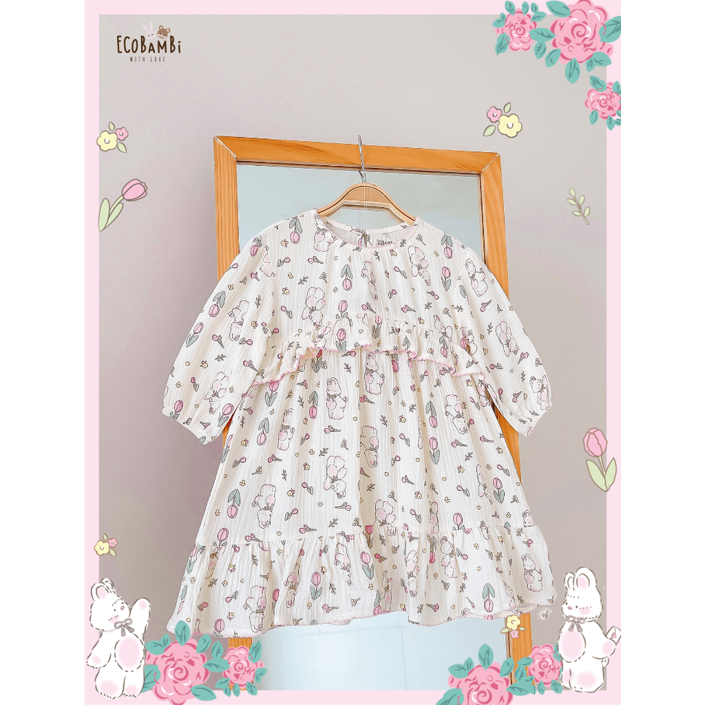 Đầm xoè xô Muslin tay dài - 2 tầng bèo hoạ tiết hoa đậm chất phong cách vintage bé gái - BB-23DAMBG040