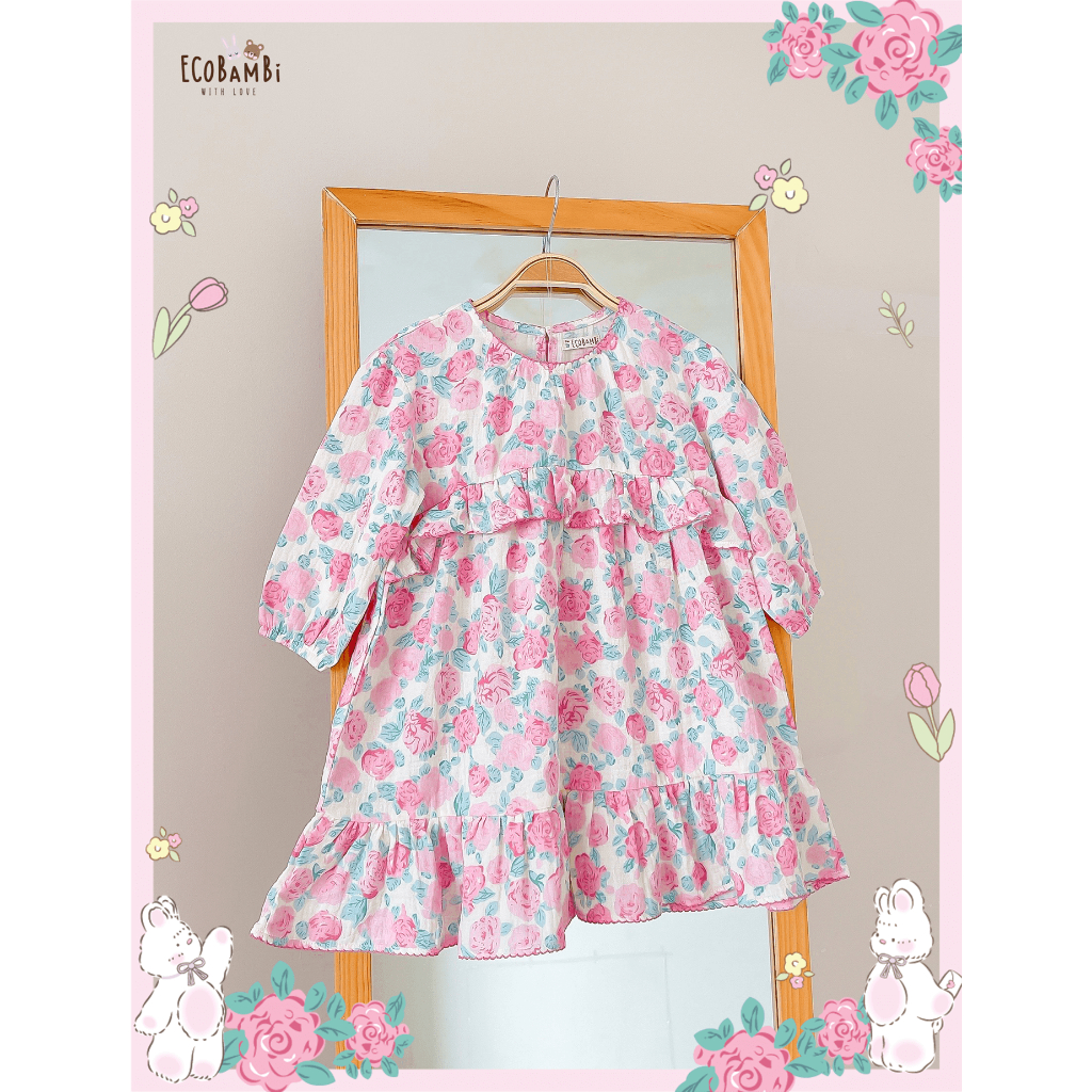 Đầm xoè xô Muslin tay dài - 2 tầng bèo hoạ tiết hoa đậm chất phong cách vintage bé gái - BB-23DAMBG040