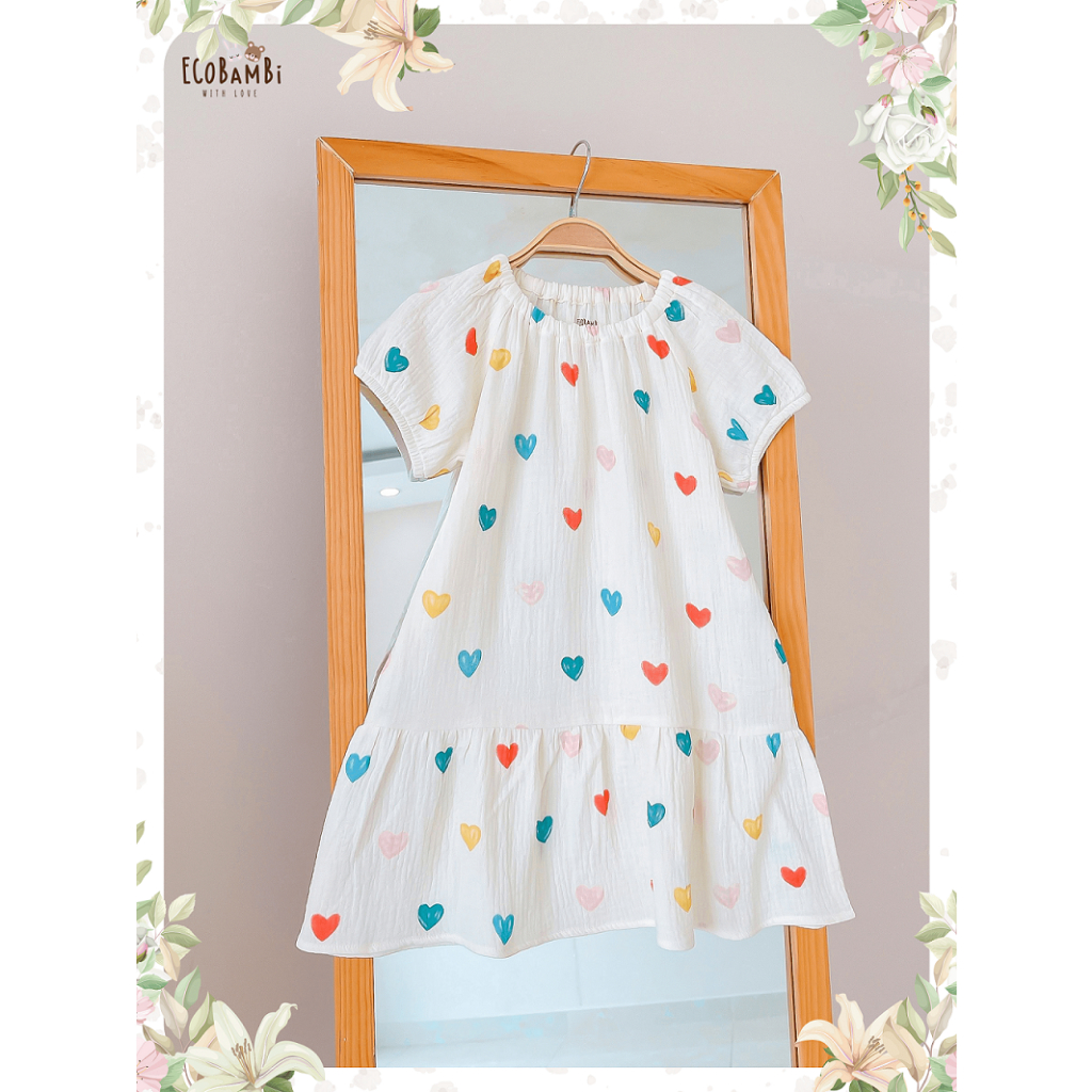 Đầm cotton muslin tay phồng hoa cỏ mùa xuân Ecobambi