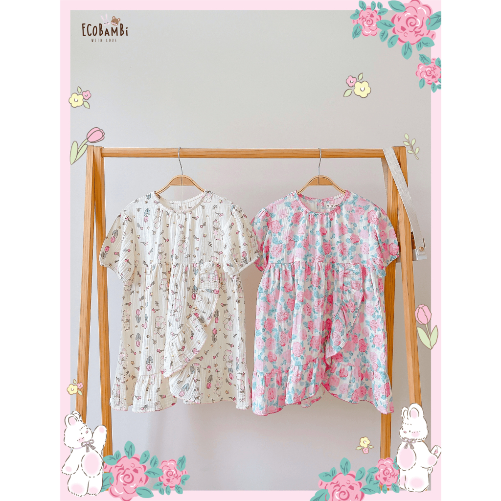 Đầm xoè xô Muslin tay ngắn - vạt chéo hoạ tiết đậm chất vintage bé gái - BB-23DAMBG045
