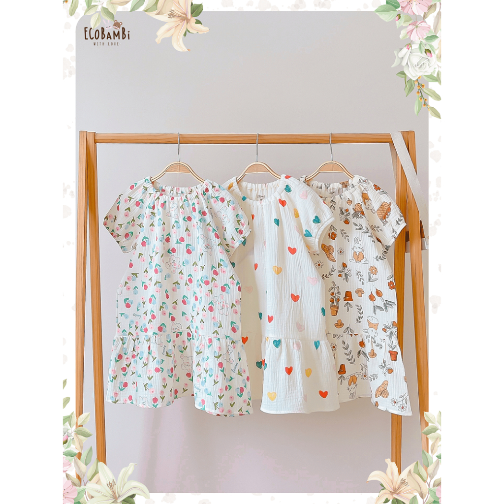 Đầm cotton muslin tay phồng hoa cỏ mùa xuân Ecobambi