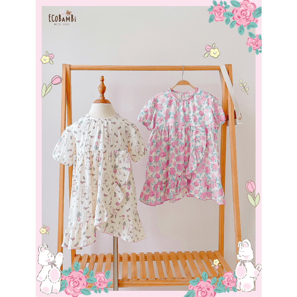 Đầm xoè xô Muslin tay ngắn - vạt chéo hoạ tiết đậm chất vintage bé gái - BB-23DAMBG045