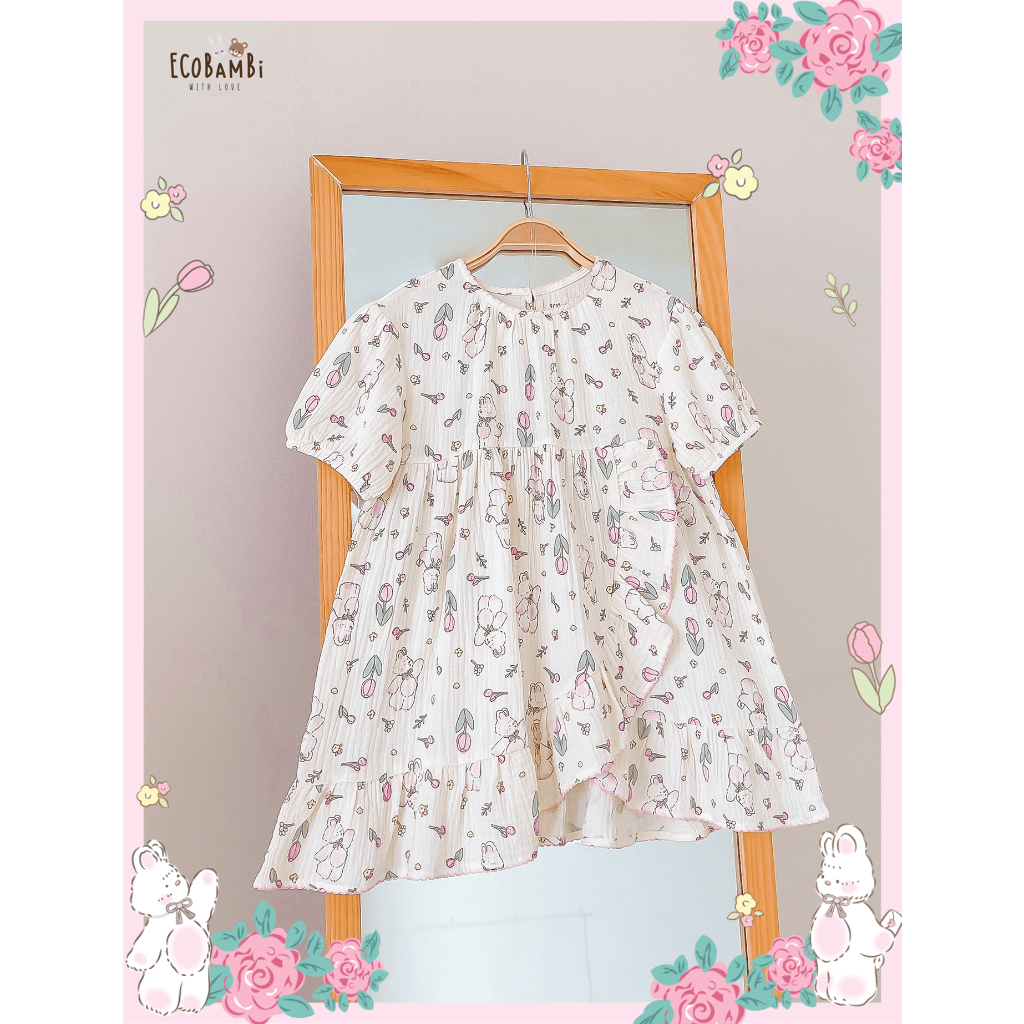 Đầm xoè xô Muslin tay ngắn - vạt chéo hoạ tiết đậm chất vintage bé gái - BB-23DAMBG045