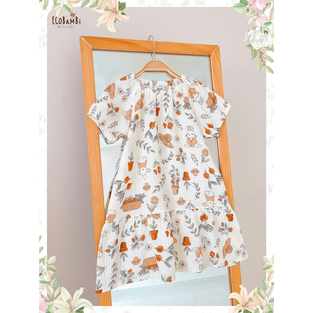 Đầm cotton muslin tay phồng hoa cỏ mùa xuân Ecobambi