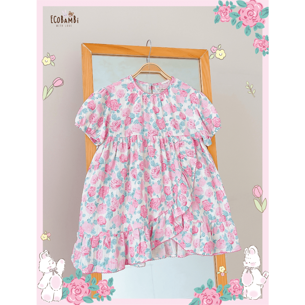 Đầm xoè xô Muslin tay ngắn - vạt chéo hoạ tiết đậm chất vintage bé gái - BB-23DAMBG045