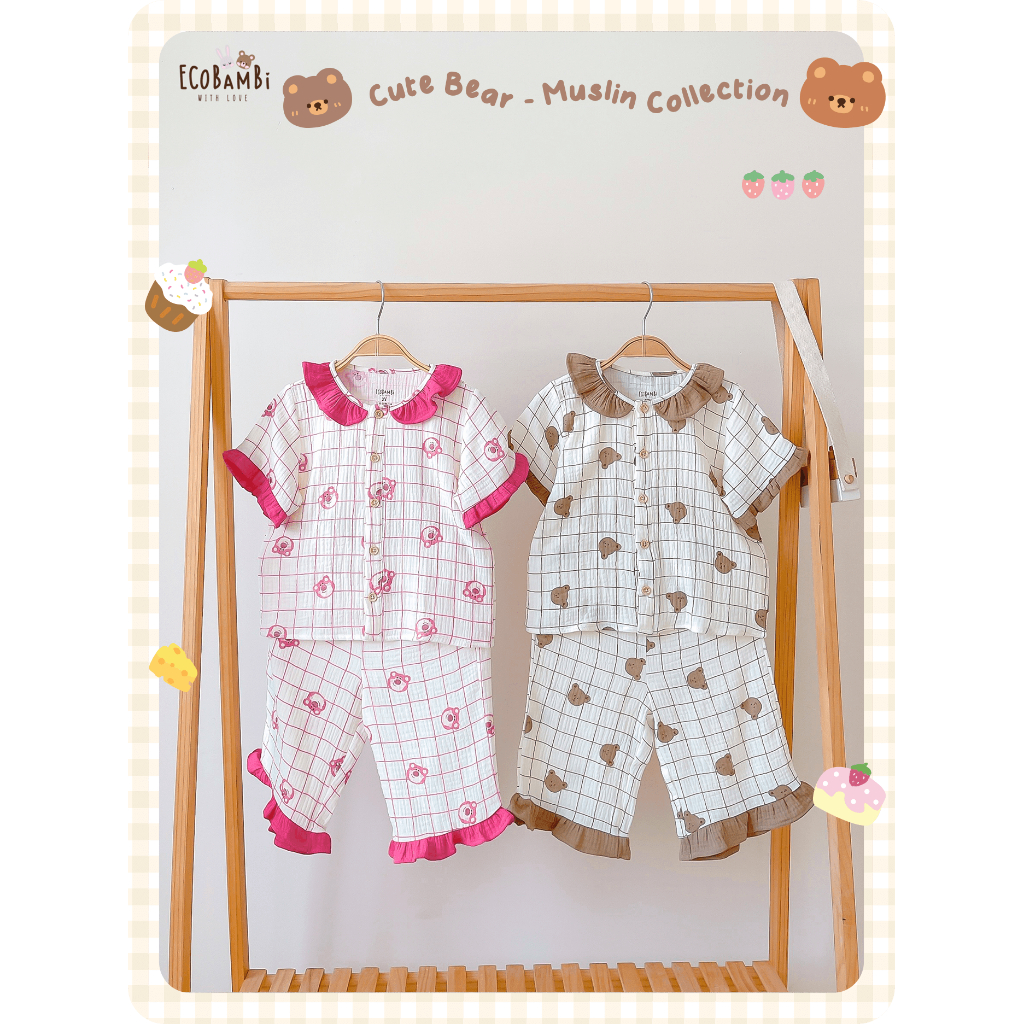 Pyjama muslin cổ phối bèo xinh xắn in hoạ tiết gấu dâu và gấu nâu cho bé gái - BB-23BOBG029