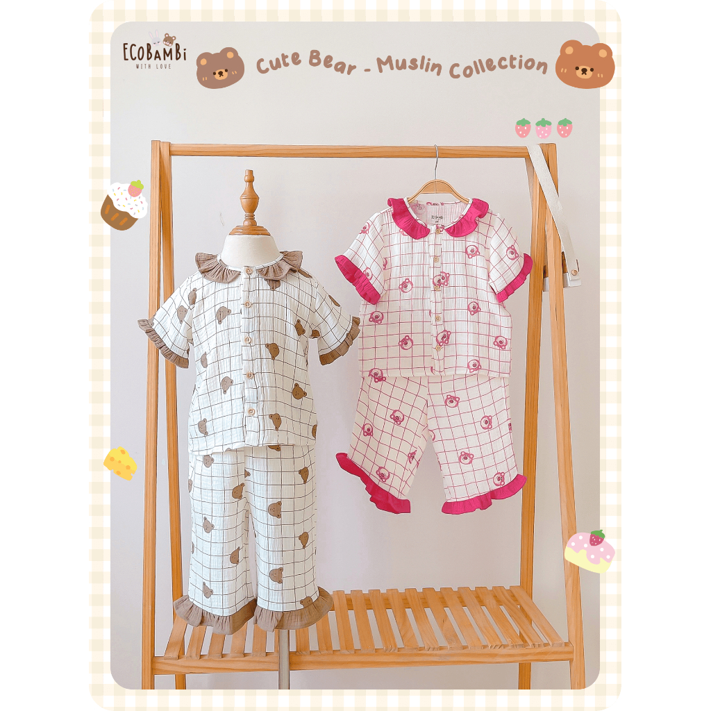 Pyjama muslin cổ phối bèo xinh xắn in hoạ tiết gấu dâu và gấu nâu cho bé gái - BB-23BOBG029