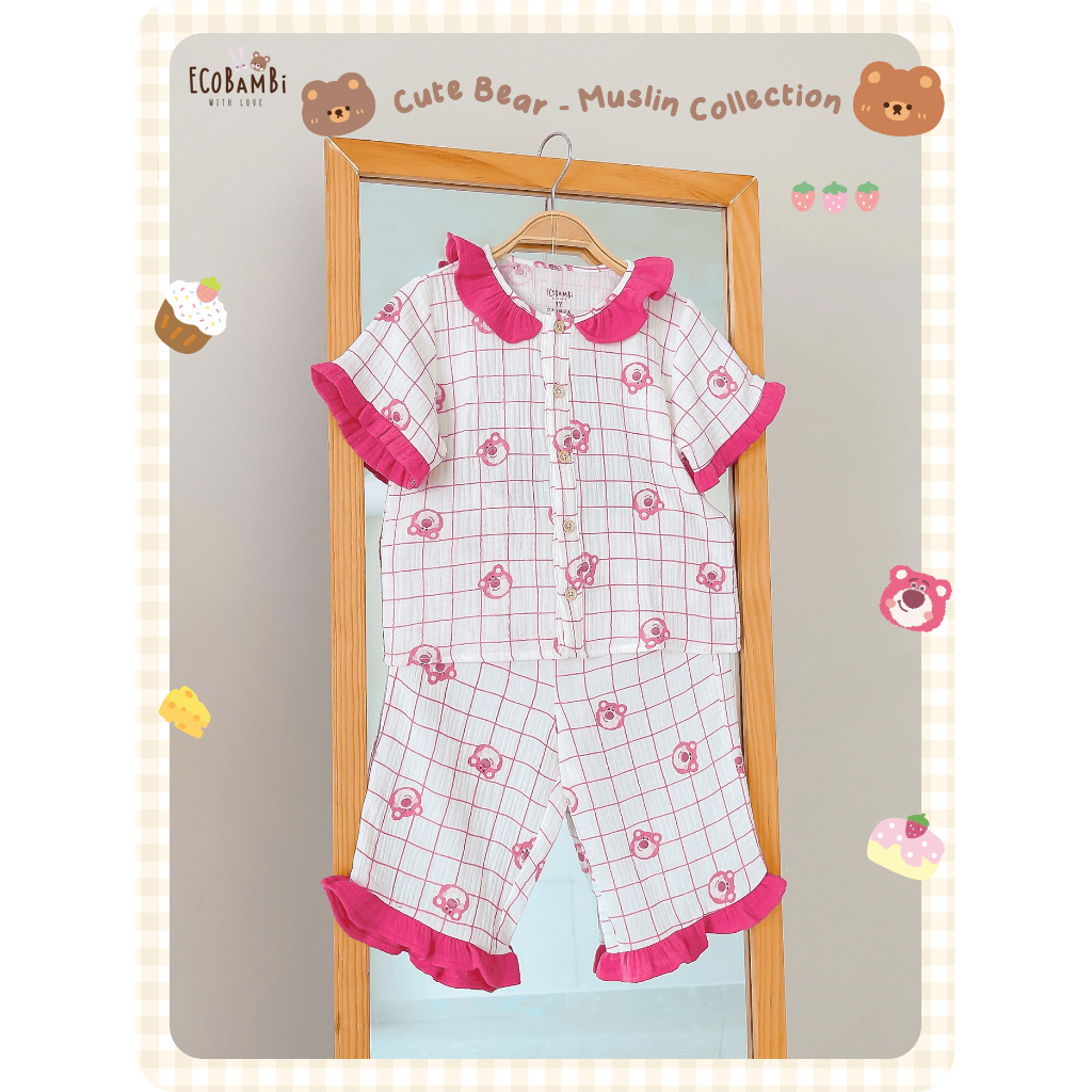 Pyjama muslin cổ phối bèo xinh xắn in hoạ tiết gấu dâu và gấu nâu cho bé gái - BB-23BOBG029
