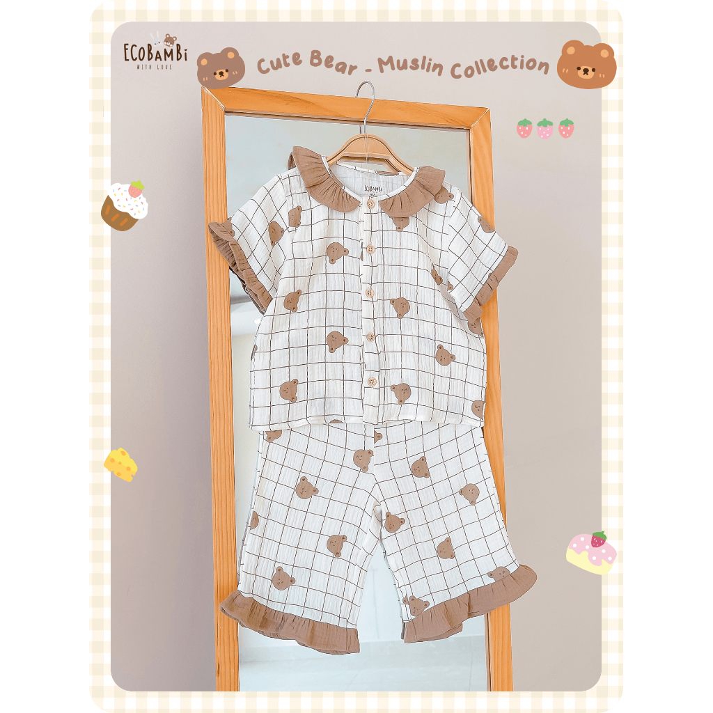 Pyjama muslin cổ phối bèo xinh xắn in hoạ tiết gấu dâu và gấu nâu cho bé gái - BB-23BOBG029