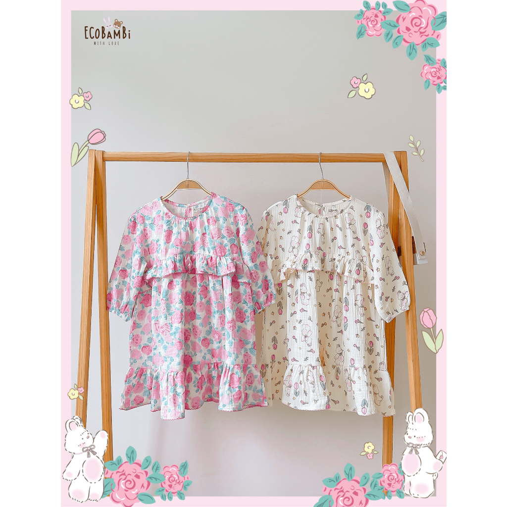 Đầm xoè xô Muslin tay dài - 2 tầng bèo hoạ tiết hoa đậm chất phong cách vintage bé gái - BB-23DAMBG040