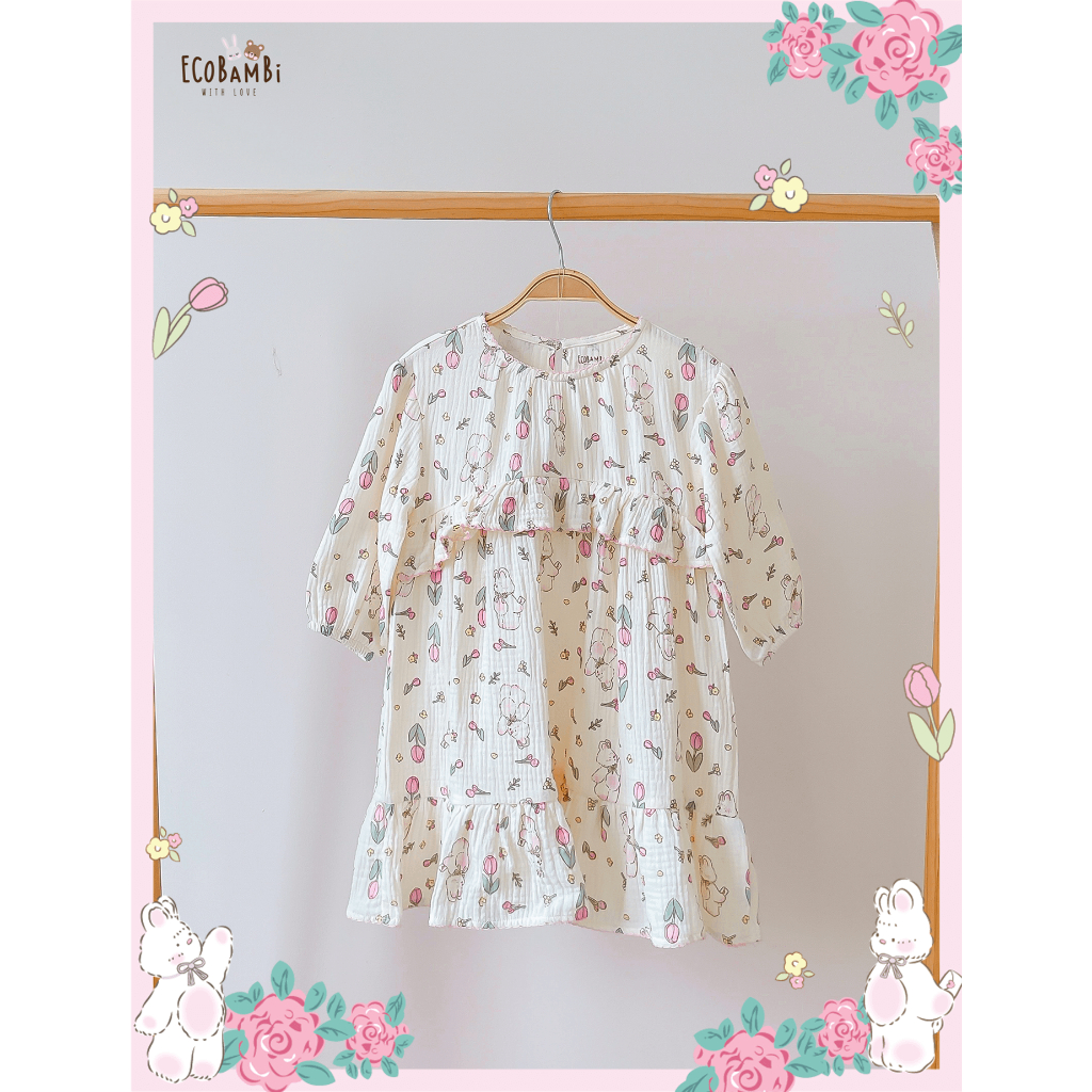 Đầm xoè xô Muslin tay dài - 2 tầng bèo hoạ tiết hoa đậm chất phong cách vintage bé gái - BB-23DAMBG040