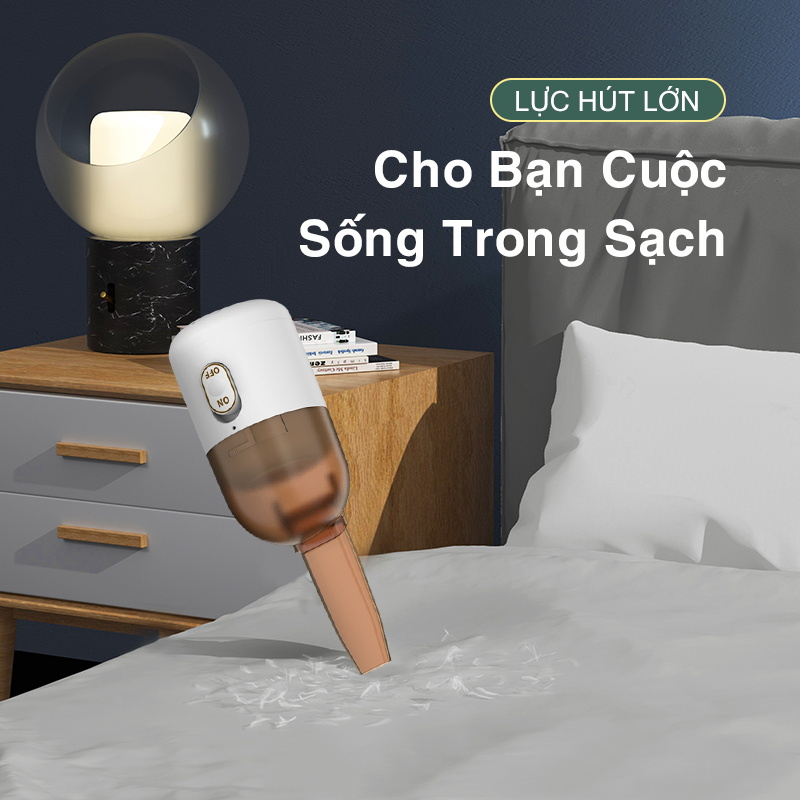 Máy Hút Bụi Cầm Tay Mini Không Dây Lực Hút Siêu Mạnh Loại Bỏ Ve Hút Bụi Ô Tô, Nhà Cửa, Bàn Làm Việc Tặng Kèm 3 Đầu Hút