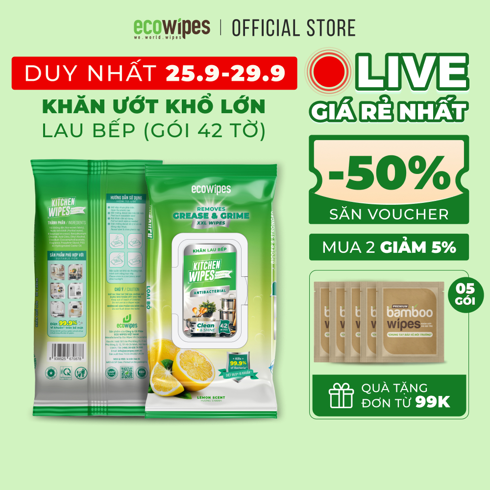 Khăn giấy ướt lau bếp cao cấp Ecowipes gói 42 tờ 620g size cực lớn 20x30cm hương chanh khử mùi kháng khuẩn