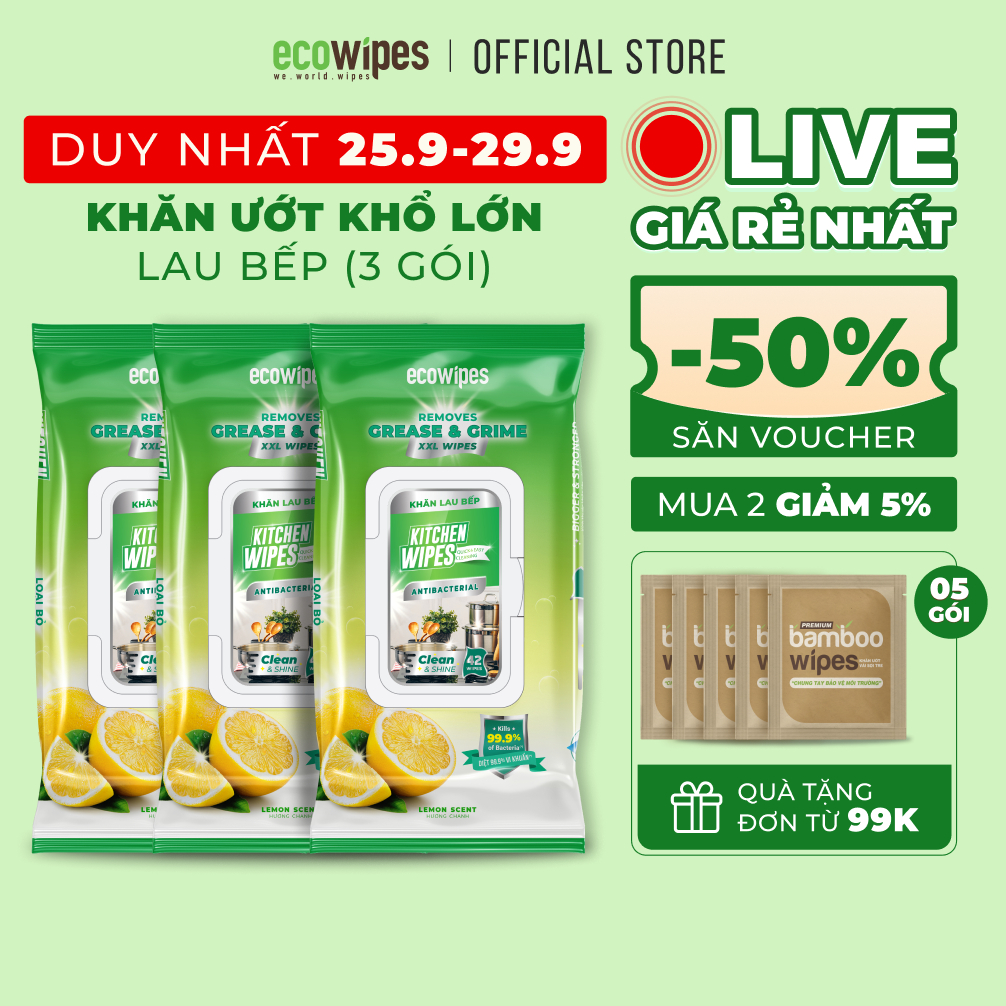 Combo 03 gói khăn giấy ướt lau bếp cao cấp Ecowipes gói 42 tờ size cực lớn 20x30cm hương chanh khử mùi kháng khuẩn