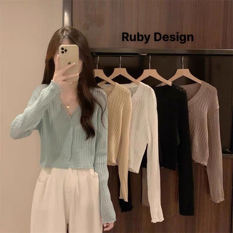 Áo khoác len nữ , áo khoác nữ cardigan dệt kim sóng mỏng thoáng khí dáng croptop 3 cúc phong cách Hàn quốc - RUBY DESIGN