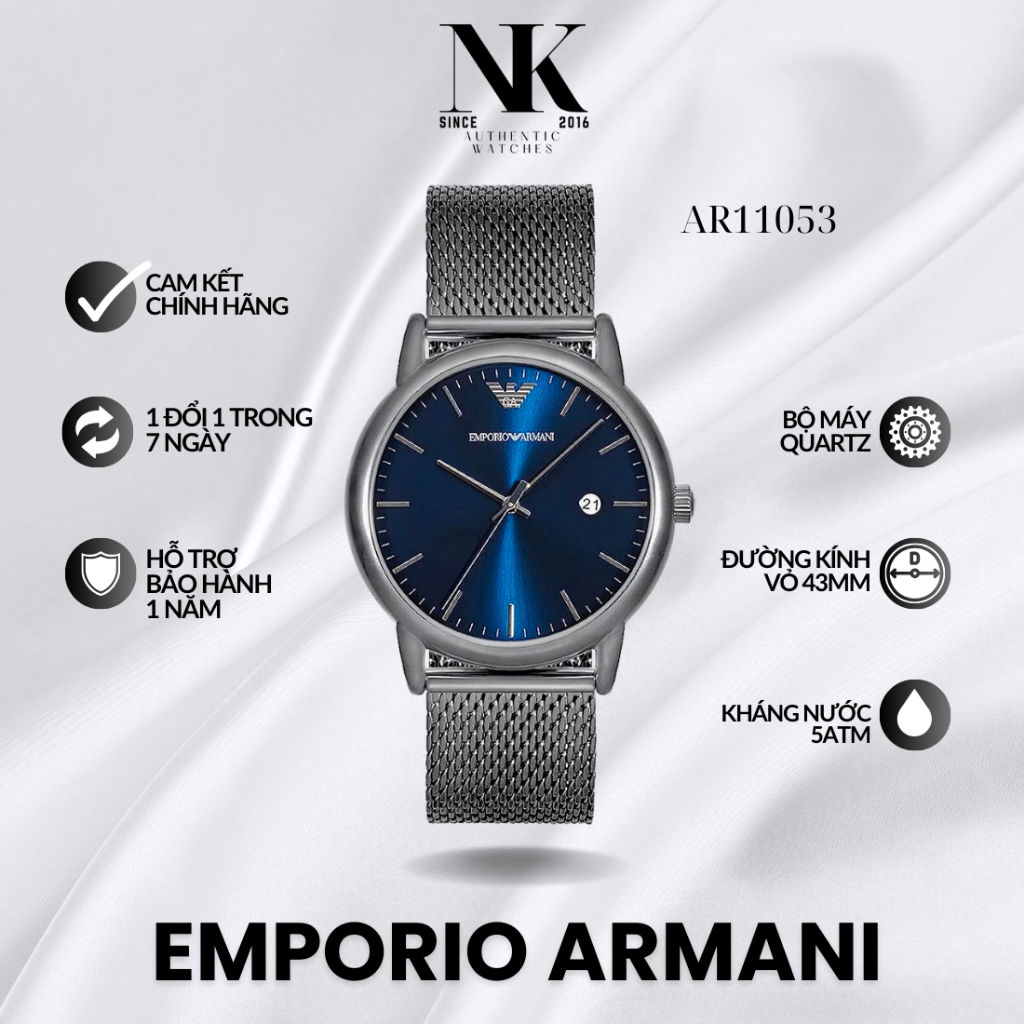 Đồng hồ EMPORIO ARMANI nam AR11053 43mm mặt xanh dương, vỏ xám đen, dây kim loại sang trọng