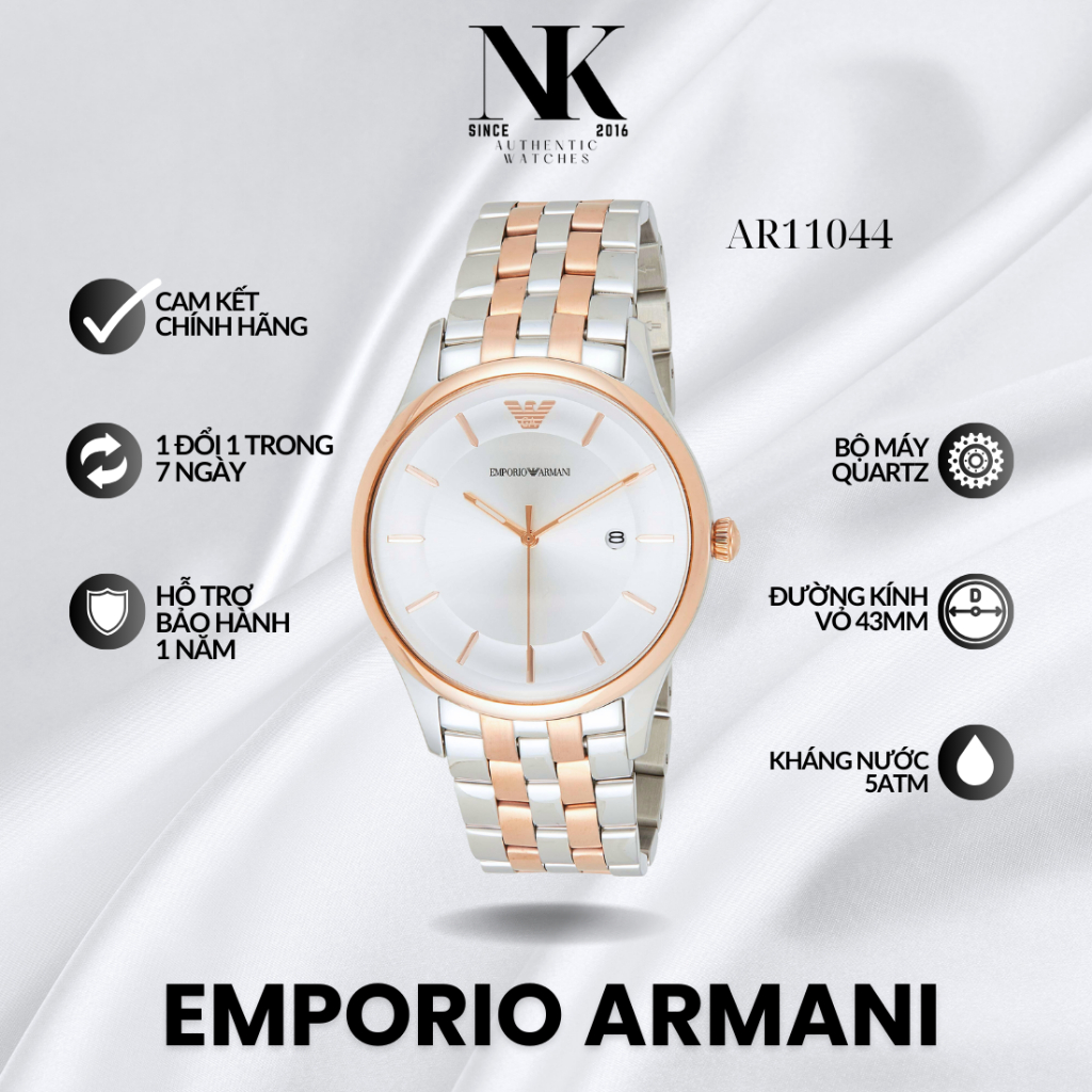 Đồng hồ EMPORIO ARMANI nam AR11044 43mm, mặt trắng, vỏ bạc, dây kim loại cao cấp