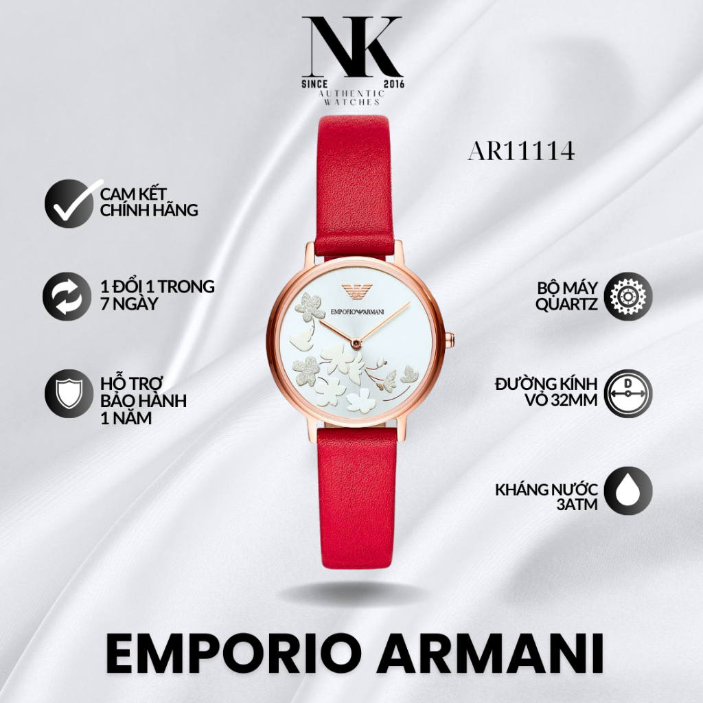 Đồng hồ EMPORIO ARMANI nữ AR11114 32mm, mặt trắng hoa, vỏ vàng hồng, dây da sang trọng