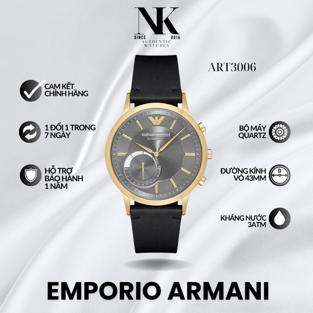 Đồng hồ EMPORIO ARMANI nam ART3006 43mm, mặt đen, vỏ vàng, dây da cao cấp