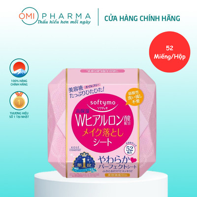 Khăn Ướt Tẩy Trang Dưỡng Ẩm Da Bổ Sung Acid Hyaluronic Softymo Kose Nhật Bản (Hộp 52 Miếng)