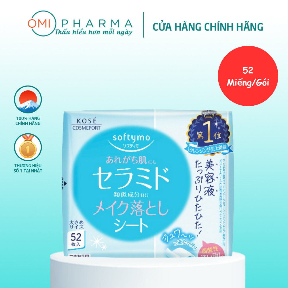 Khăn Ướt Tẩy Trang Dưỡng Ẩm Da Bổ Sung Ceramide Softymo Kose Nhật Bản (Gói Refill 52 Miếng)