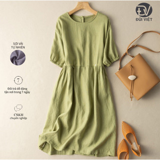 Đầm linen nữ dáng suông tay bo chun màu xanh cốm trẻ trung DV188