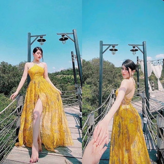 Đầm váy hoạ tiết vàng cọp maxi dài xẻ tà cổ yếm hở lưng có mút thời trang nữ sang trọng thiết kế đi biển du lịch party