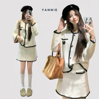Set áo khoác len cardigan dệt kim đính nơ + chân váy chữ A phong cách Hàn Quốc Yannie