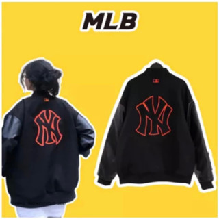 Áo Khoác Bomber Varsity M.L.B Ny Thêu Logo Cam Form Rộng Phối Tay Da Cực Đẹp From Dáng HotFrend Nam Nữ
