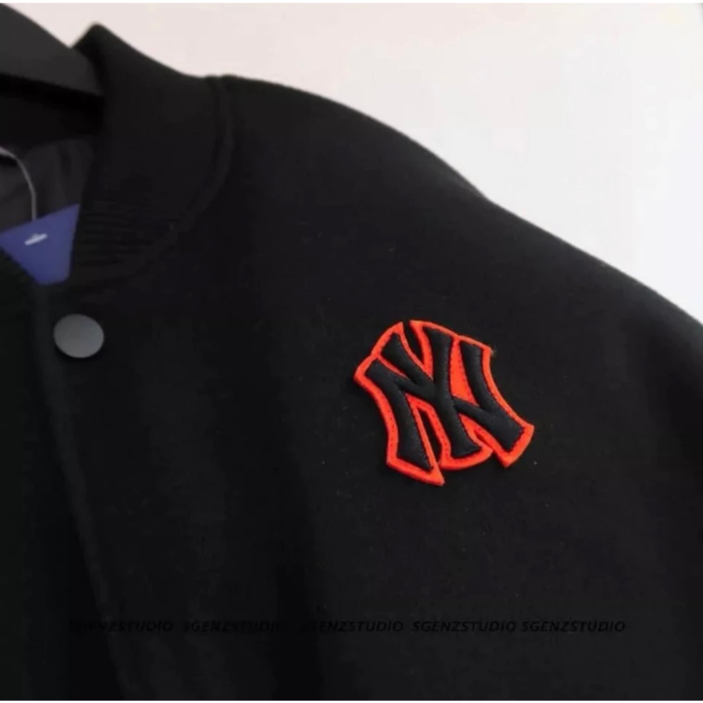 Áo Khoác Bomber Varsity M.L.B Ny Thêu Logo Cam Form Rộng Phối Tay Da Cực Đẹp From Dáng HotFrend Nam Nữ