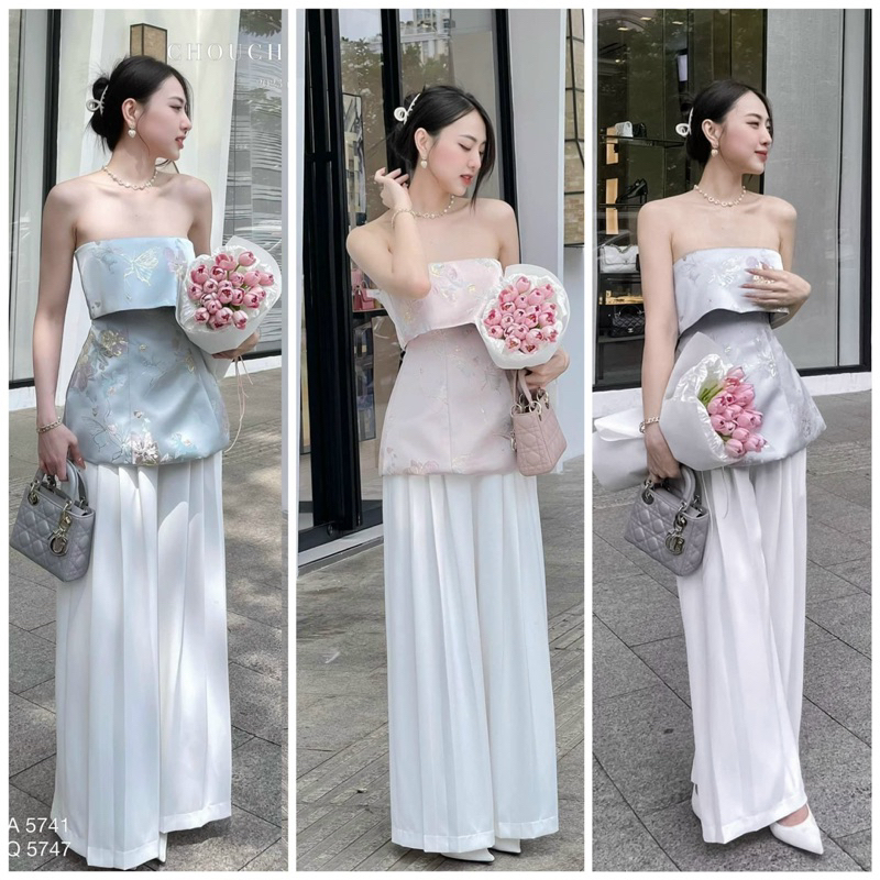 Set áo tafta cup ống + quần suông xếp li